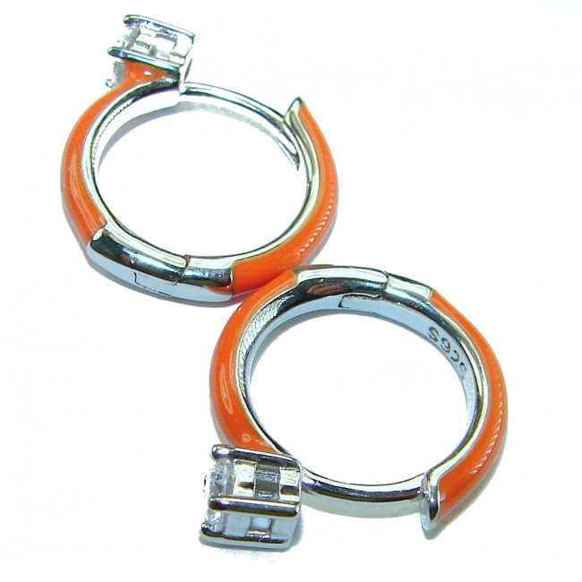 0.5 carat White Topaz orange enamel .925 Sterling Silver handcrafted hoop earrings