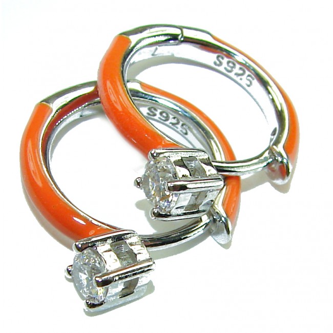 0.5 carat White Topaz orange enamel .925 Sterling Silver handcrafted hoop earrings