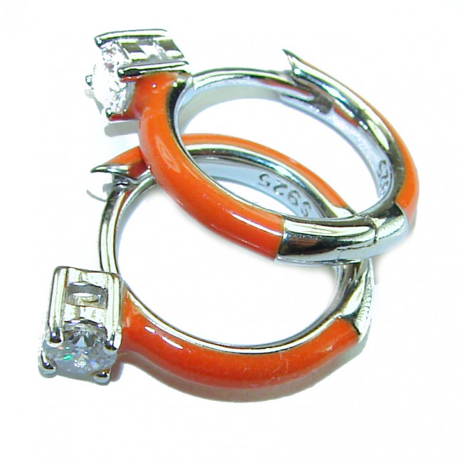 0.5 carat White Topaz orange enamel .925 Sterling Silver handcrafted hoop earrings