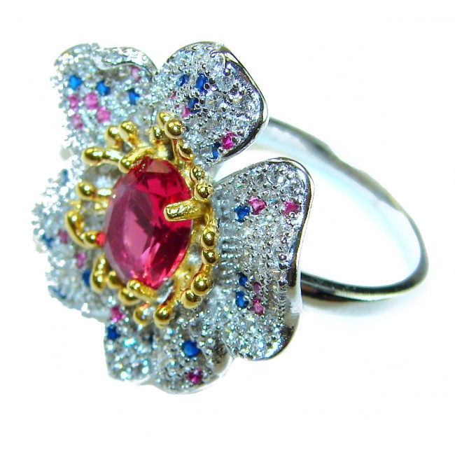 4.2 carat oval cut Brazilian Pink Tourmaline 2 tones .925 Silver handcrafted Cocktail Ring s. 7 adjustable