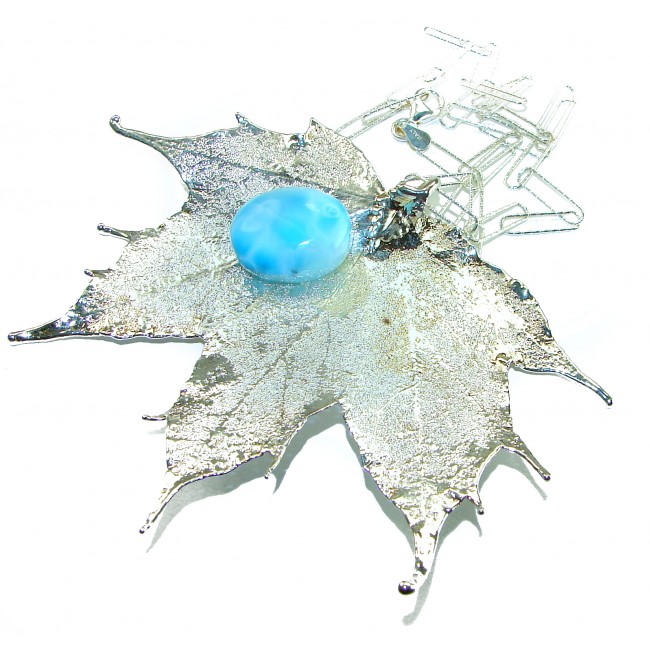 Beautiful Nature 8.2 carat Larimar Real Leaf dipped in Real .925 Sterling silver handcrafted necklace