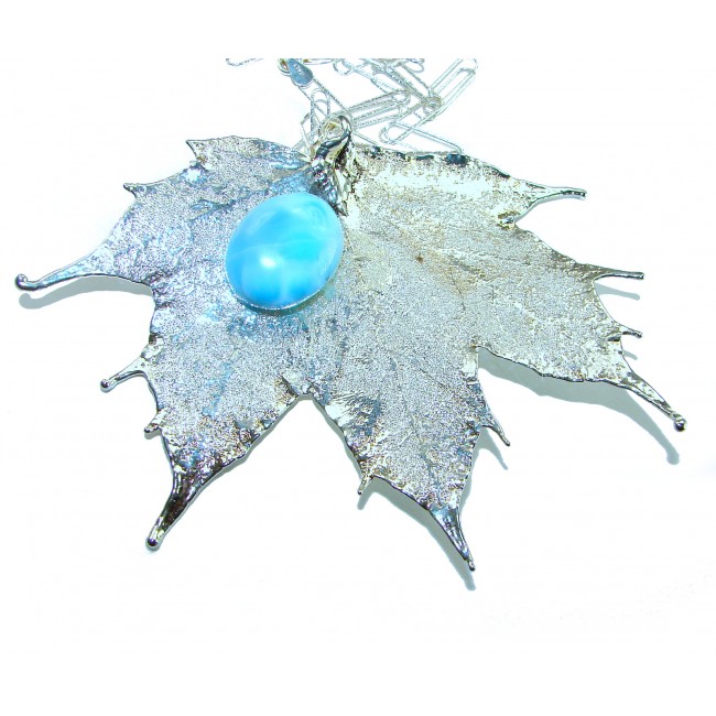 Beautiful Nature 8.2 carat Larimar Real Leaf dipped in Real .925 Sterling silver handcrafted necklace