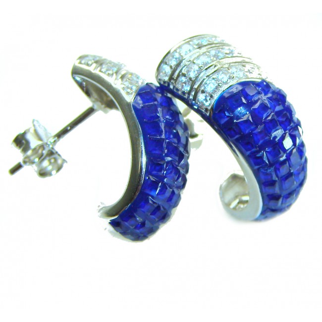 Blue Royalty 7.2 carat Sapphire .925 Sterling Silver .925 Sterling Silver Statement earrings - Close-up of Blue Royalty sapphire and silver earrings.