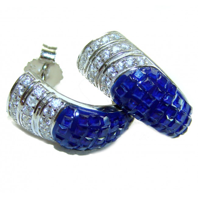 Blue Royalty 7.2 carat Sapphire .925 Sterling Silver .925 Sterling Silver Statement earrings - Close-up of sapphire sterling silver earrings with diamond accents