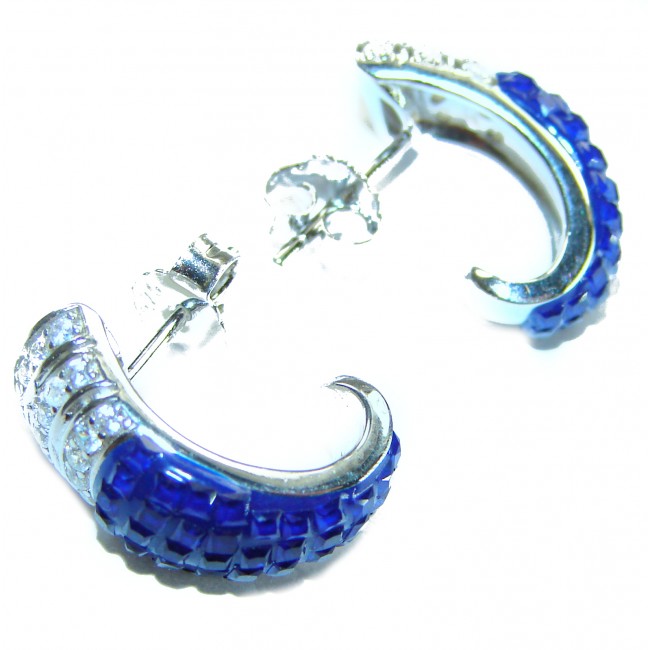 Blue Royalty 7.2 carat Sapphire .925 Sterling Silver .925 Sterling Silver Statement earrings - Side view of blue sapphire sterling silver earrings.