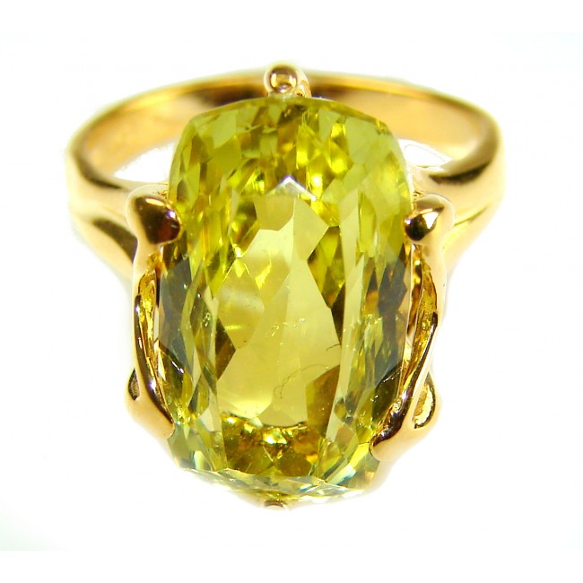 8.8 carat Genuine Lemon Quartz 14K Gold over .925 Sterling Silver handcrafted ring size 7 - Close-up of 8.8 carat lemon quartz ring in 14K gold over sterling silver.