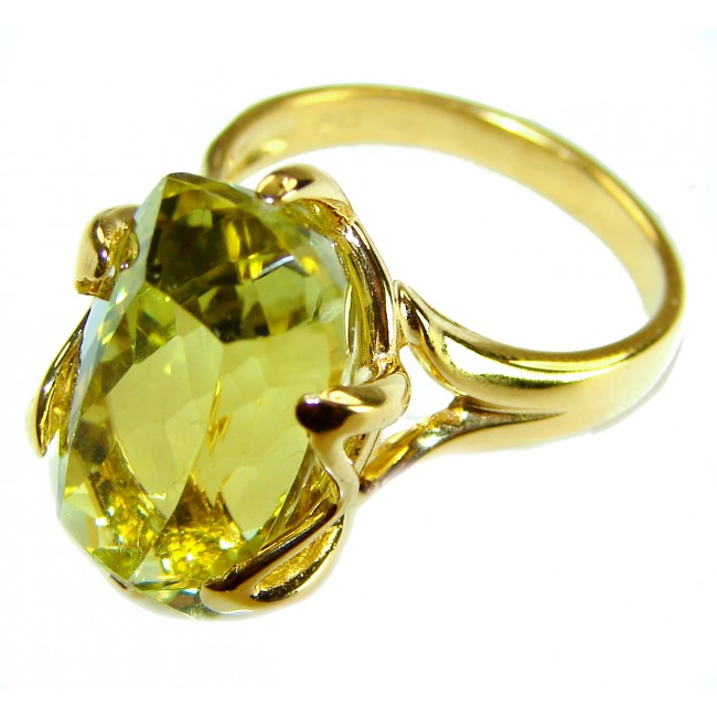 8.8 carat Genuine Lemon Quartz 14K Gold over .925 Sterling Silver handcrafted ring size 7 - Close-up of 8.8 carat lemon quartz ring in 14K gold over sterling silver.