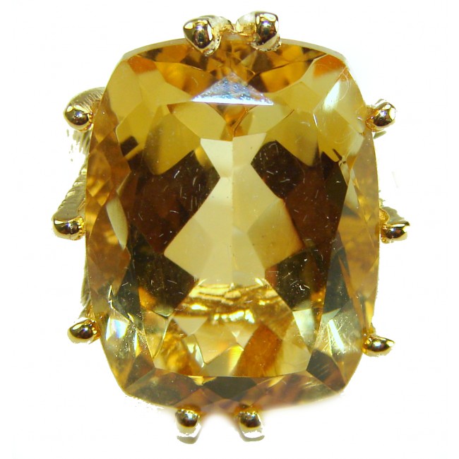 10.8 carat Genuine Lemon Quartz 14K Gold over .925 Sterling Silver handcrafted ring size 6 - Close-up of 10.8 carat lemon quartz in 14K gold over sterling silver setting