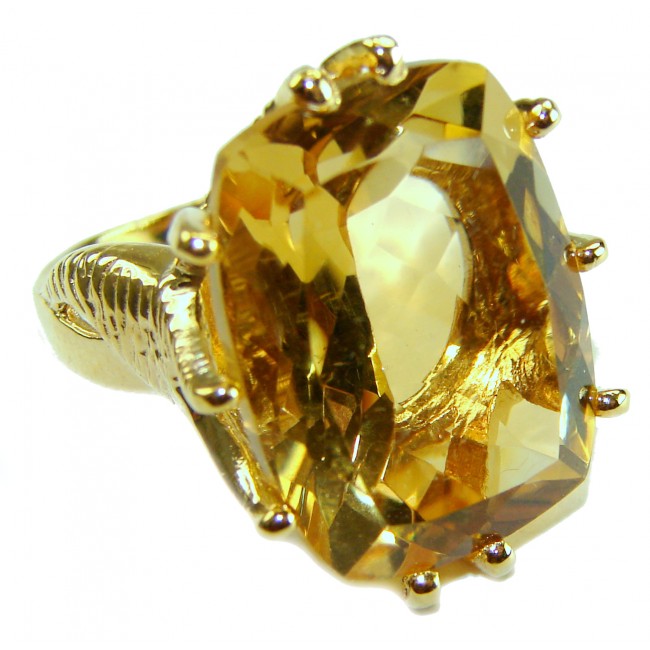 10.8 carat Genuine Lemon Quartz 14K Gold over .925 Sterling Silver handcrafted ring size 6 - Close-up of lemon quartz ring in gold over sterling silver setting.