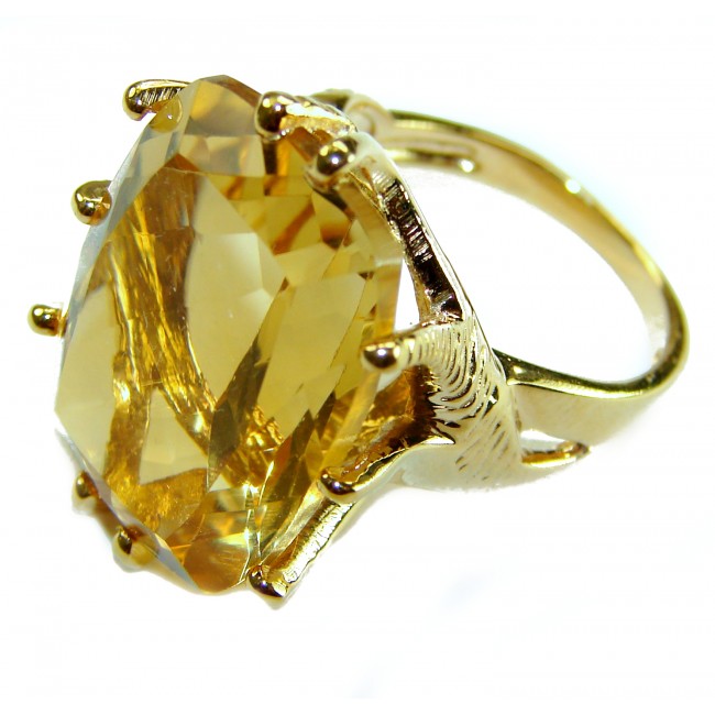 10.8 carat Genuine Lemon Quartz 14K Gold over .925 Sterling Silver handcrafted ring size 6 - Close-up of 10.8 ct Lemon Quartz ring in 14K Gold over Sterling Silver