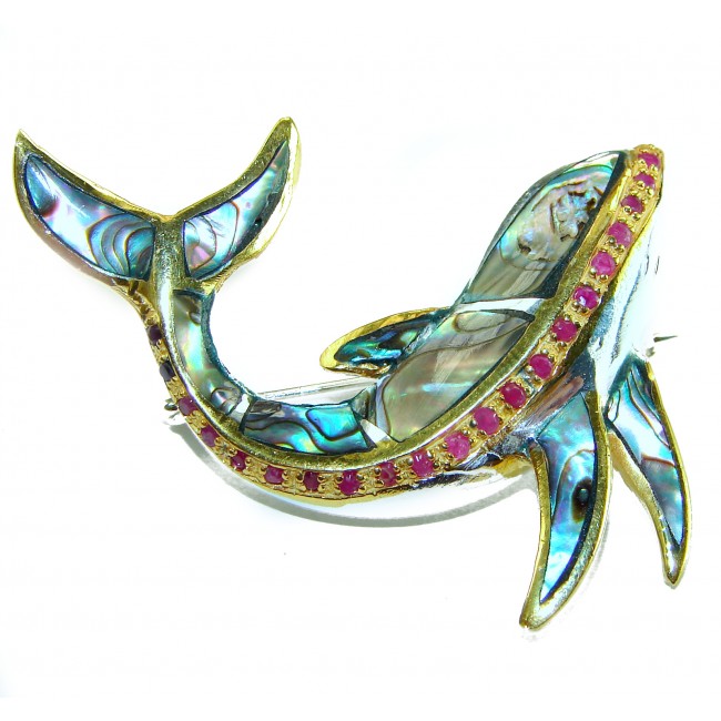 Dolphin Natural Rainbow Abalone Ruby .925 Sterling Silver handmade Pendant Brooch