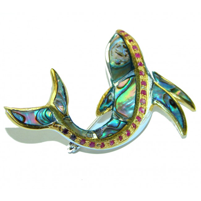 Dolphin Natural Rainbow Abalone Ruby .925 Sterling Silver handmade Pendant Brooch