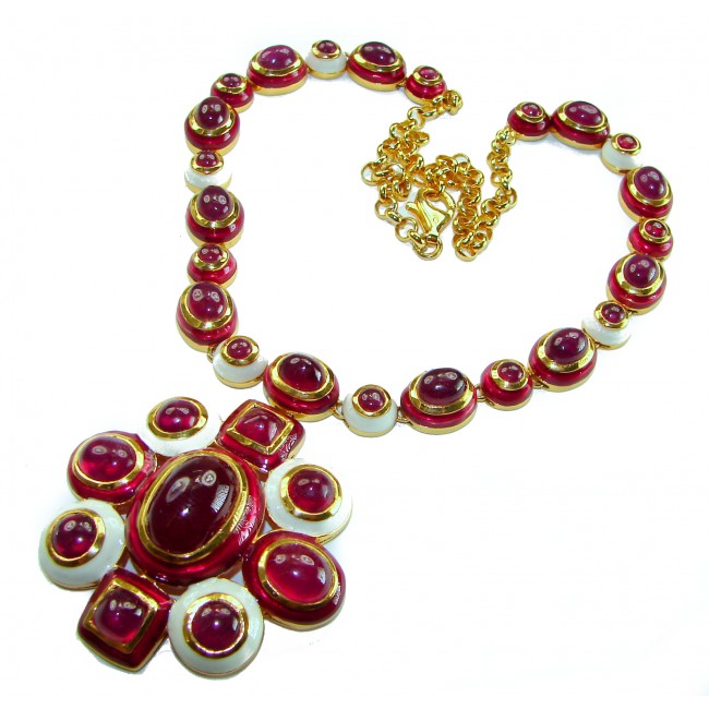 Outstanding - Red Rose - Authentic Kashmir 155.8 carat Ruby Enamel 18K Gold over .925 Sterling Silver handcrafted Station necklace