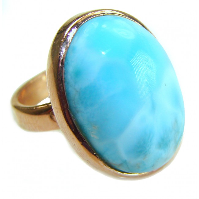 Blue Perfection AAAA QUALITY Blue Larimar 18K rose Gold over .925 Sterling Silver handmade Large ring size 8 adjustable - Blue Larimar ring in 18K rose gold, stone close-up.