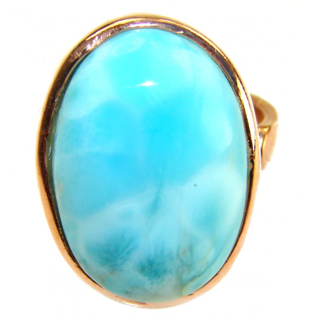 Blue Perfection AAAA QUALITY Blue Larimar 18K rose Gold over .925 Sterling Silver handmade Large ring size 8 adjustable - Close-up of blue Larimar ring with 18K rose gold setting.