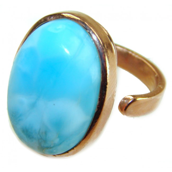 Blue Perfection AAAA QUALITY Blue Larimar 18K rose Gold over .925 Sterling Silver handmade Large ring size 8 adjustable - Blue Larimar ring in rose gold, stone close-up view.