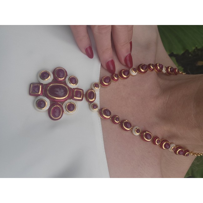 Outstanding - Red Rose - Authentic Kashmir 155.8 carat Ruby Enamel 18K Gold over .925 Sterling Silver handcrafted Station necklace