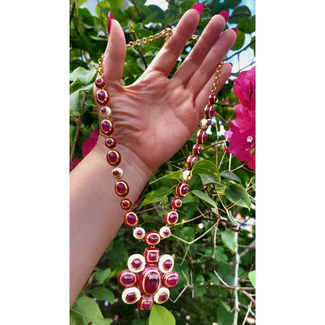 Outstanding - Red Rose - Authentic Kashmir 155.8 carat Ruby Enamel 18K Gold over .925 Sterling Silver handcrafted Station necklace