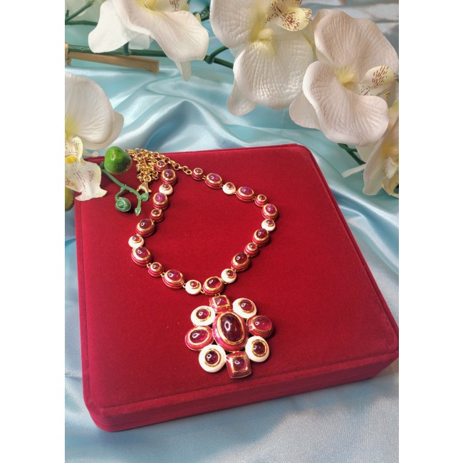 Outstanding - Red Rose - Authentic Kashmir 155.8 carat Ruby Enamel 18K Gold over .925 Sterling Silver handcrafted Station necklace