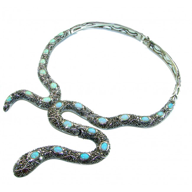 Large Snake genuine 57.8 carat Australian Blue Opal Marcasite .925 Sterling Silver handcrafted necklace