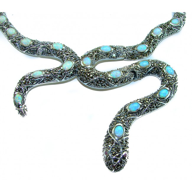 Large Snake genuine 57.8 carat Australian Blue Opal Marcasite .925 Sterling Silver handcrafted necklace