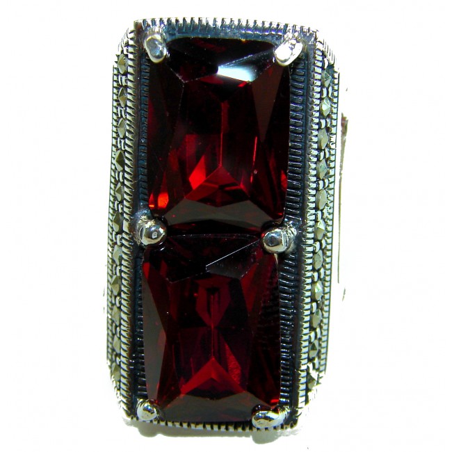 Bella Rosa Natural 28.4 carat Ruby Marcasite .925 Sterling Silver handmade Large Statement Ring size 7 1/2 - Close-up of Bella Rosa natural ruby and marcasite sterling silver ring