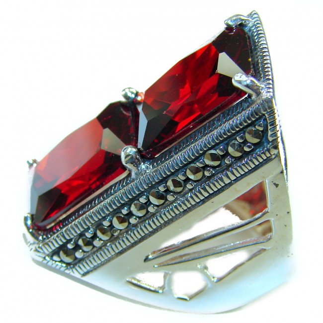 Bella Rosa Natural 28.4 carat Ruby Marcasite .925 Sterling Silver handmade Large Statement Ring size 7 1/2 - Close-up of Bella Rosa Ruby and Marcasite Sterling Silver ring.