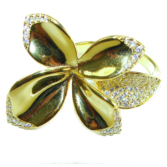 Lotus flower White Topaz highly polished 18K Gold over .925 Sterling Silver Italy made ring s. 7 adjustable - photo 2