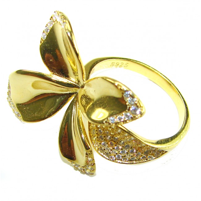 Lotus flower White Topaz highly polished 18K Gold over .925 Sterling Silver Italy made ring s. 7 adjustable - photo 1