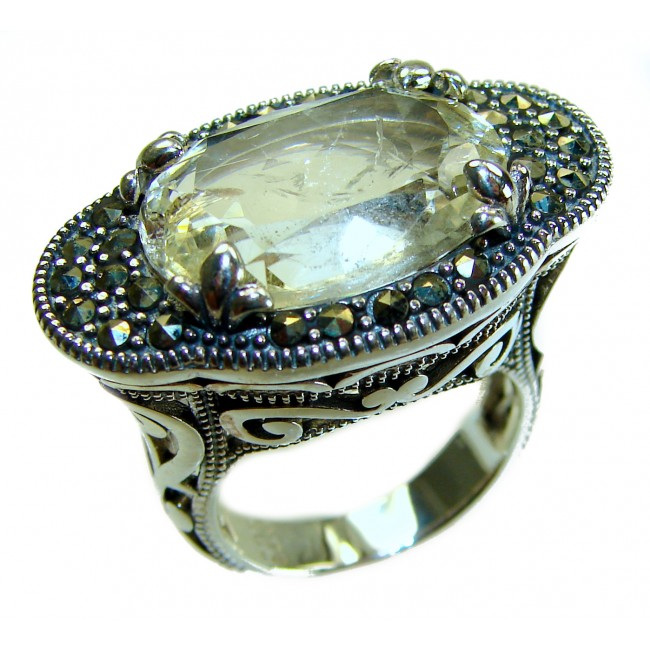 Rare Finding! Natural 18.4 carat Lemon Quartz Marcasite .925 Sterling Silver handmade Large Statement Ring size 7 - Close-up of lemon quartz and marcasite ring with intricate details.