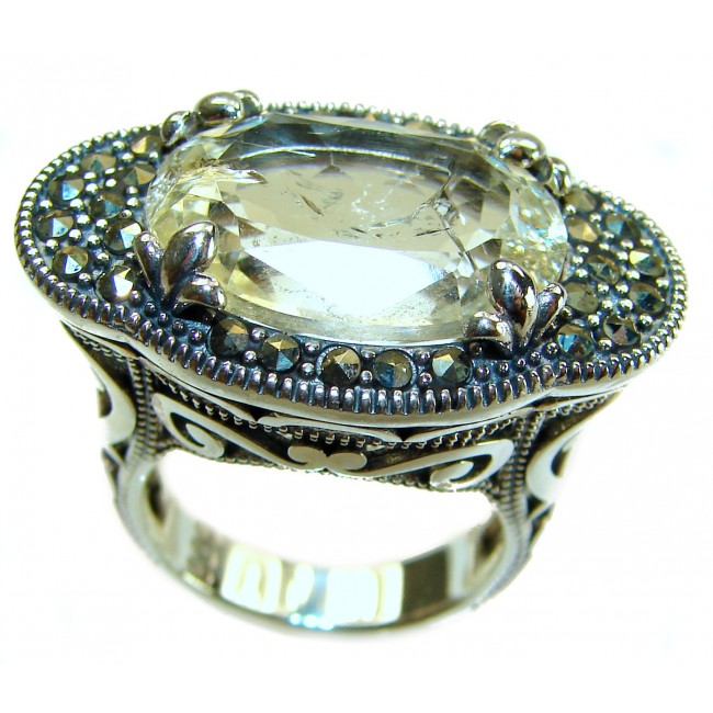 Rare Finding! Natural 18.4 carat Lemon Quartz Marcasite .925 Sterling Silver handmade Large Statement Ring size 7 - Side view of rare 18.4 ct lemon quartz marcasite ring in .925 silver.