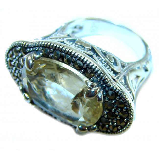 Rare Finding! Natural 18.4 carat Lemon Quartz Marcasite .925 Sterling Silver handmade Large Statement Ring size 7 - Close-up of natural 18.4 carat lemon quartz marcasite .925 ring