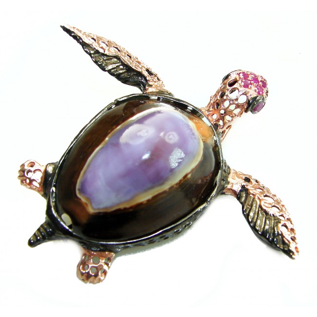 Good health and Long life Big Turtle Genuine Ocean Shell Ruby 14K Gold over .925 Sterling Silver handcrafted Pendant brooch