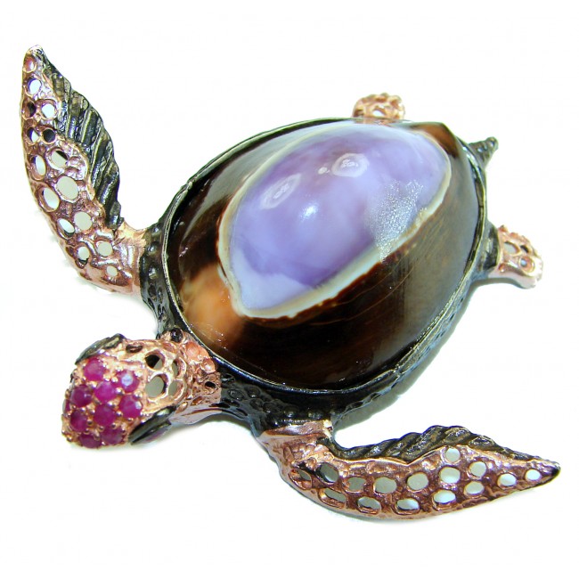 Good health and Long life Big Turtle Genuine Ocean Shell Ruby 14K Gold over .925 Sterling Silver handcrafted Pendant brooch
