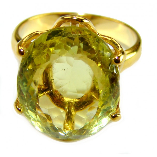 Solid 11.8 carat Genuine Lemon Quartz 14K Gold over .925 Sterling Silver handcrafted ring size 6 - Close-up of lemon quartz ring set in 14K gold over silver.