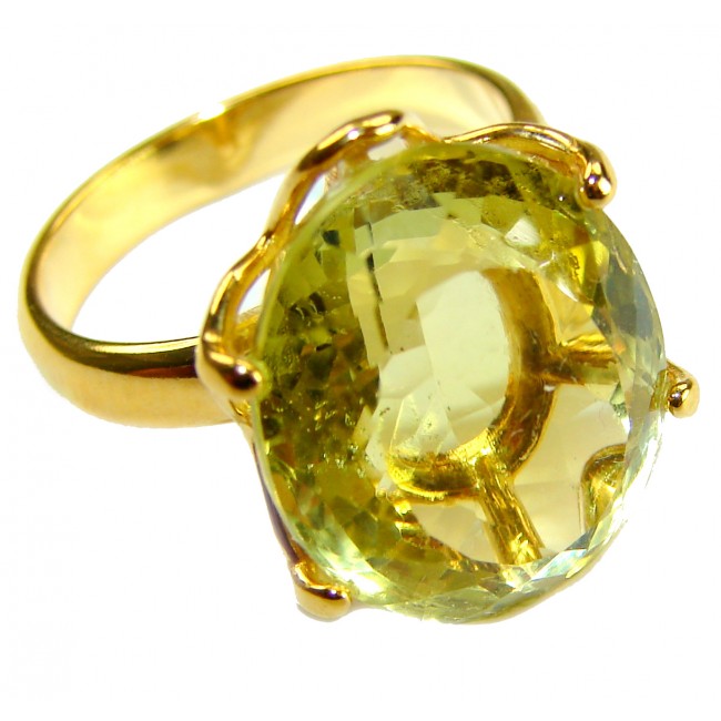 Solid 11.8 carat Genuine Lemon Quartz 14K Gold over .925 Sterling Silver handcrafted ring size 6 - Close-up of 11.8 carat Lemon Quartz ring in 14K gold over sterling silver.
