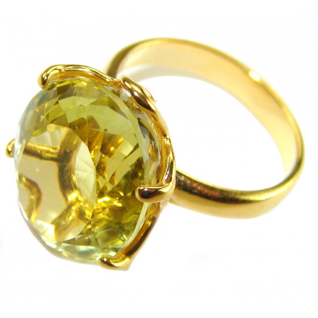 Solid 11.8 carat Genuine Lemon Quartz 14K Gold over .925 Sterling Silver handcrafted ring size 6 - Lemon quartz ring in 14K gold over silver, stone close-up.
