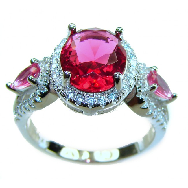 Spectacular Authentic 5.3 carat Ruby .925 Sterling Silver handmade Cocktail Ring s. 6 1/2 - Close-up of 5.3 carat ruby ring in .925 sterling silver setting