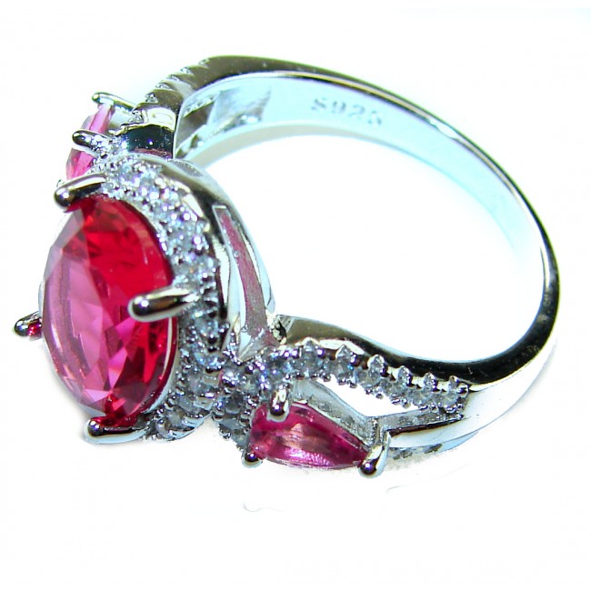 Spectacular Authentic 5.3 carat Ruby .925 Sterling Silver handmade Cocktail Ring s. 6 1/2 - Side view of ruby and sterling silver ring with detailed setting.