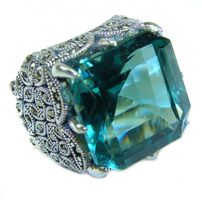 Massive Deep Blue 35.8 carat Aquamarine .925 Sterling Silver handcrafted Large ring size 9
