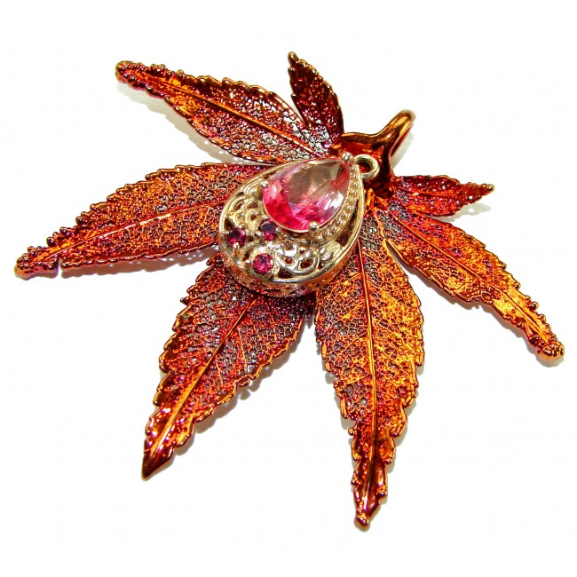 Rain Drop REAL Leaf dipped in copper Mystic Topaz & .925 Sterling Silver Pendant
