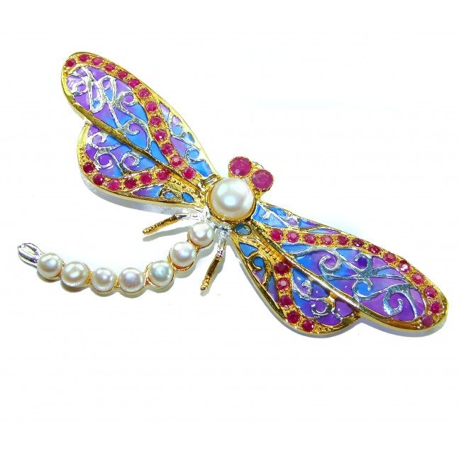 Big Dragonfly Pearl Enamel 18K Gold over .925 Sterling Silver handcrafted Pendant Brooch