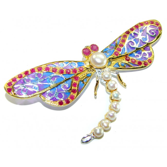 Big Dragonfly Pearl Enamel 18K Gold over .925 Sterling Silver handcrafted Pendant Brooch
