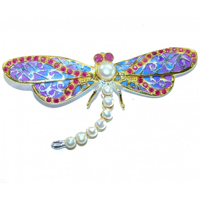 Big Dragonfly Pearl Enamel 18K Gold over .925 Sterling Silver handcrafted Pendant Brooch