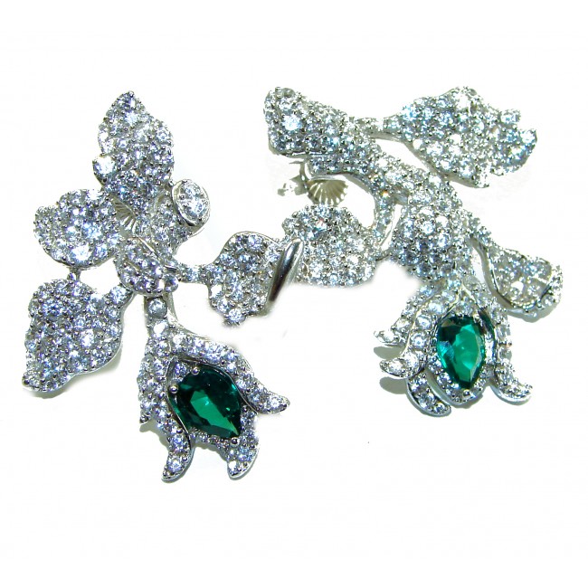 Green Rose Pure Luxury 6.2 carat natural Colombian Emerald .925 Sterling Silver handmade Statement earrings