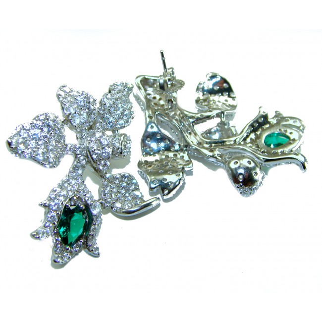 Green Rose Pure Luxury 6.2 carat natural Colombian Emerald .925 Sterling Silver handmade Statement earrings