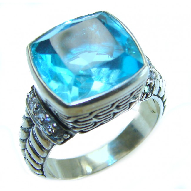 Seaside 15.5 carat authentic Swiss Blue Topaz .925 Sterling Silver handmade Statement Ring size 7 1/4 - photo 3