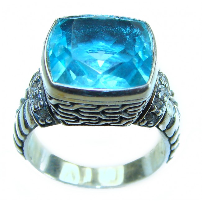 Seaside 15.5 carat authentic Swiss Blue Topaz .925 Sterling Silver handmade Statement Ring size 7 1/4 - photo 2