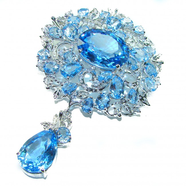 An exuberantly Large 64.9 grams Vintage style Swiss Blue Topaz .925 Sterling Silver handmade LARGE Pendant - Brooch