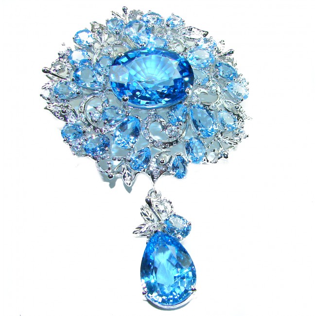 An exuberantly Large 64.9 grams Vintage style Swiss Blue Topaz .925 Sterling Silver handmade LARGE Pendant - Brooch